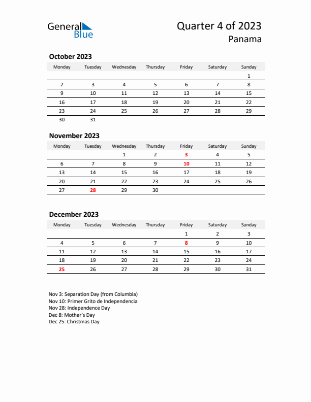 2023 Q4 Three-Month Calendar for Panama