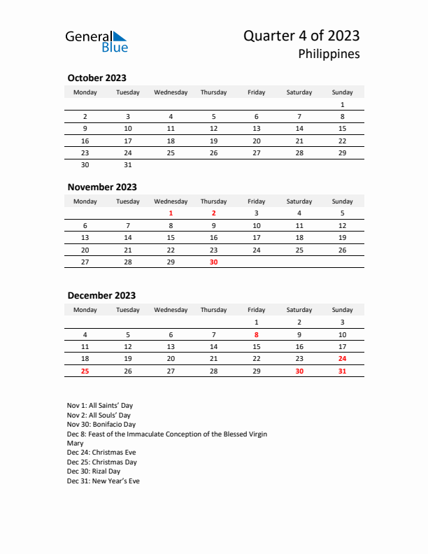 2023 Q4 Three-Month Calendar for Philippines