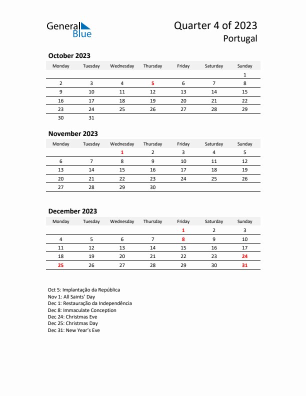 2023 Q4 Three-Month Calendar for Portugal