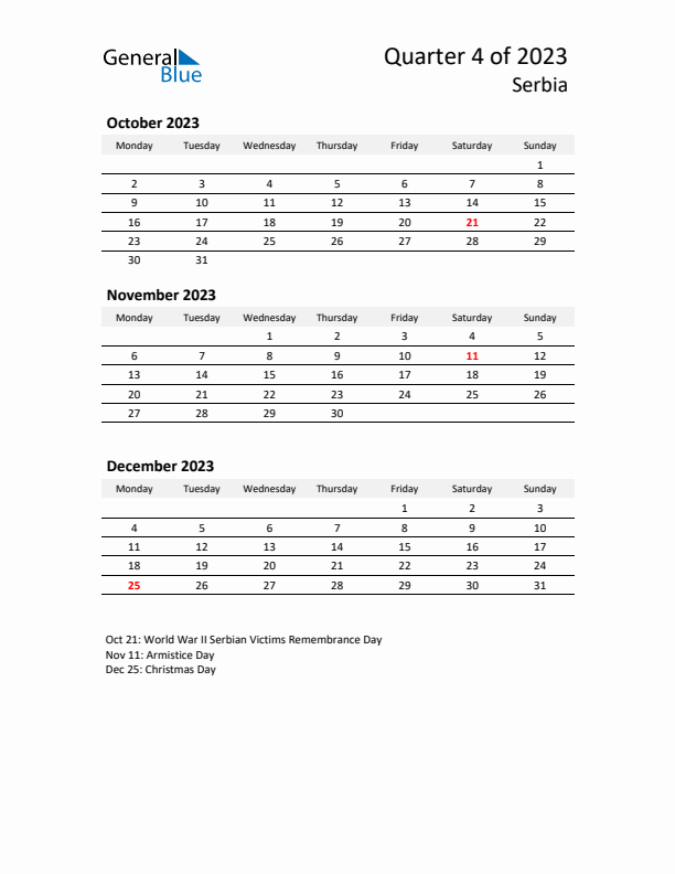 2023 Q4 Three-Month Calendar for Serbia