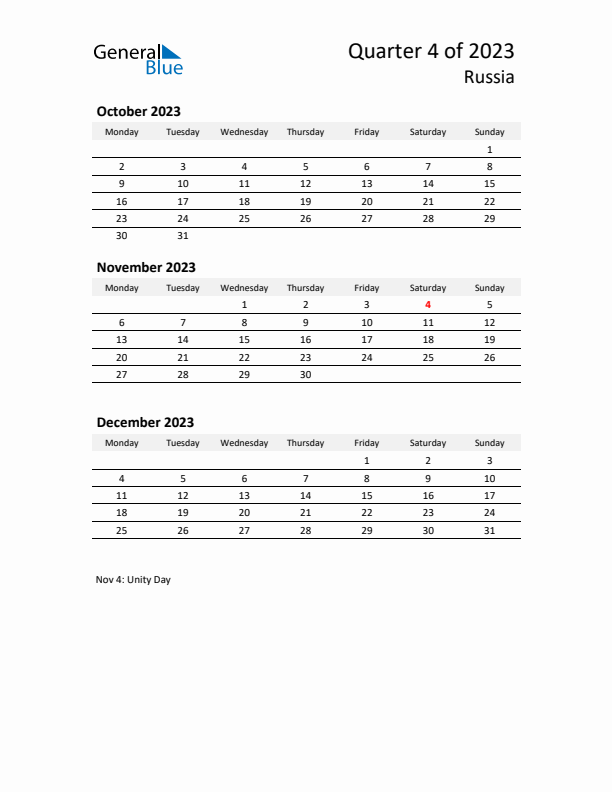 2023 Q4 Three-Month Calendar for Russia