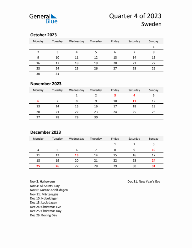 2023 Q4 Three-Month Calendar for Sweden