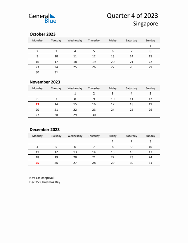 2023 Q4 Three-Month Calendar for Singapore