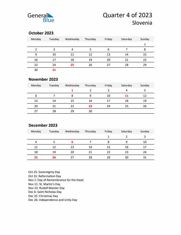 2023 Q4 Three-Month Calendar for Slovenia