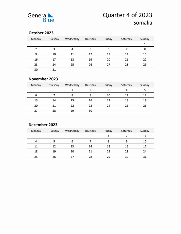 2023 Q4 Three-Month Calendar for Somalia