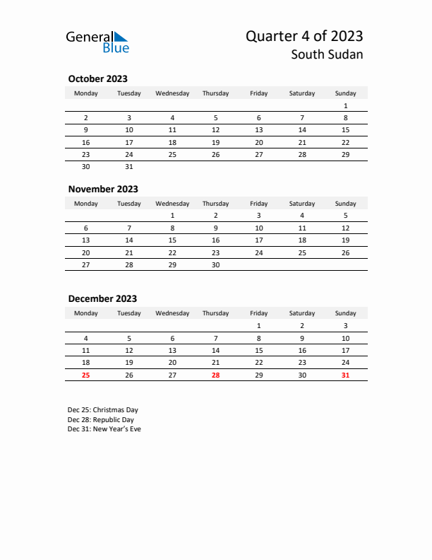 2023 Q4 Three-Month Calendar for South Sudan