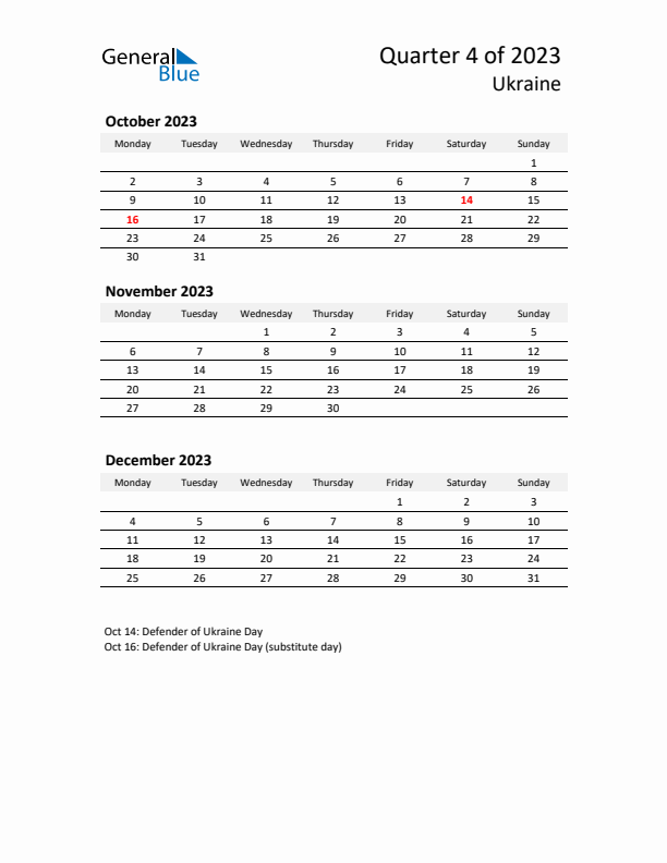 2023 Q4 Three-Month Calendar for Ukraine