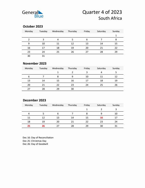 2023 Q4 Three-Month Calendar for South Africa