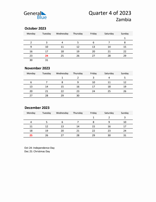 2023 Q4 Three-Month Calendar for Zambia