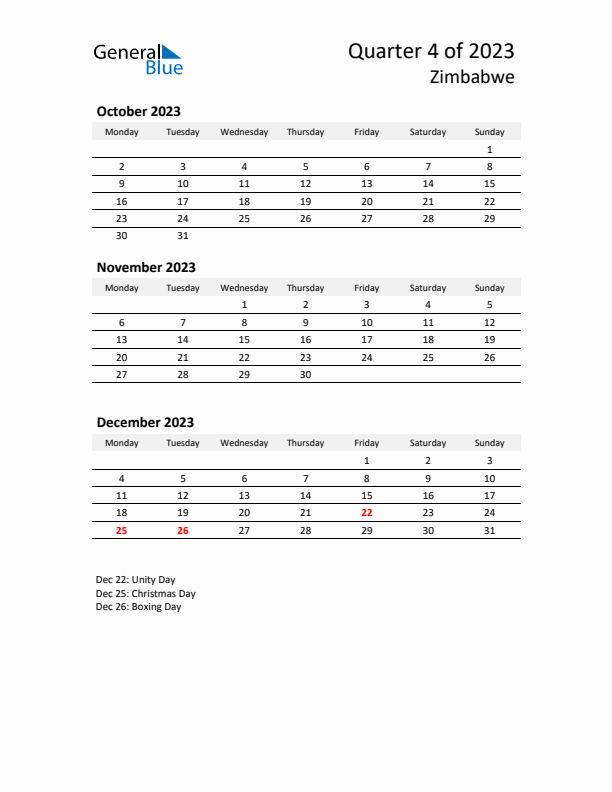 2023 Q4 Three-Month Calendar for Zimbabwe