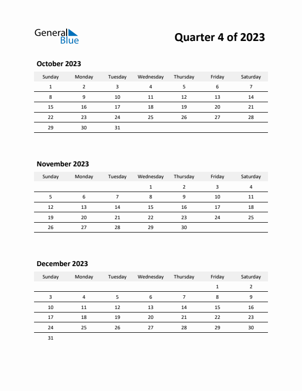 2023 Three-Month Calendar (Quarter 4)