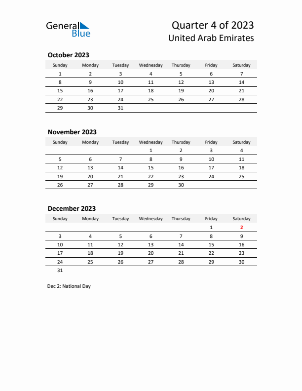 2023 Q4 Three-Month Calendar for United Arab Emirates