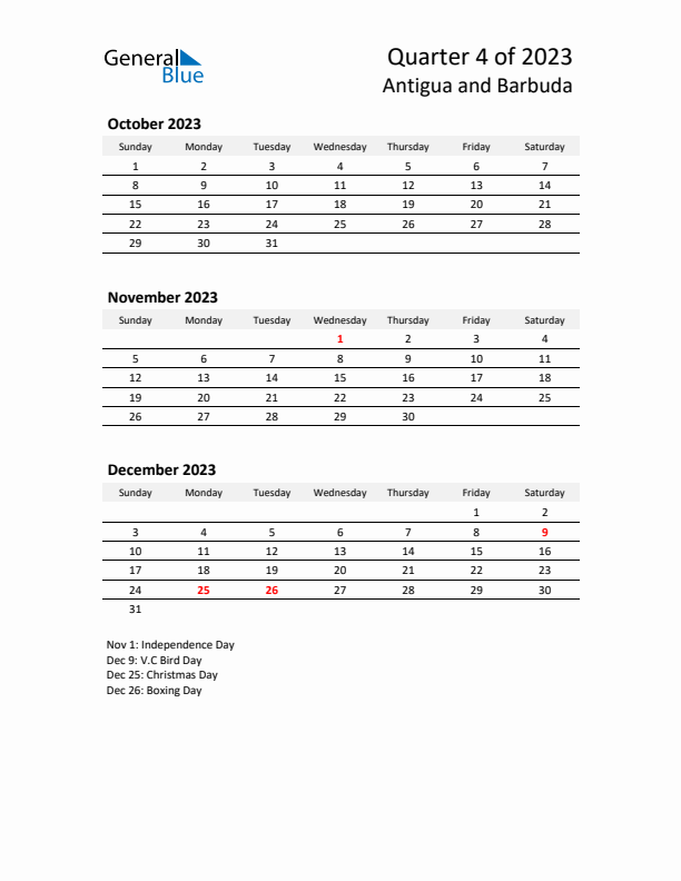 2023 Q4 Three-Month Calendar for Antigua and Barbuda