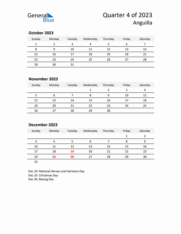 2023 Q4 Three-Month Calendar for Anguilla