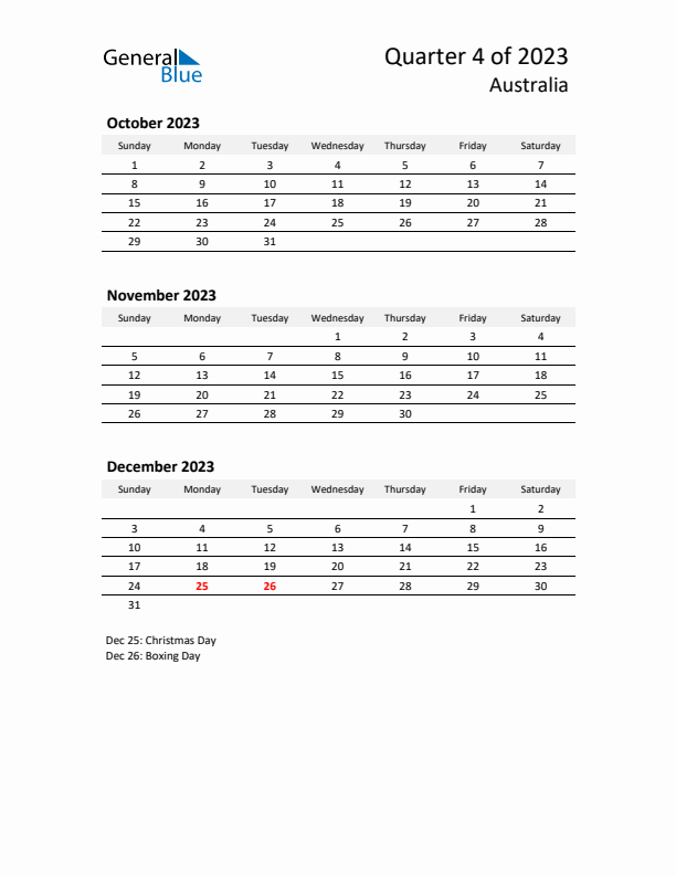 2023 Q4 Three-Month Calendar for Australia