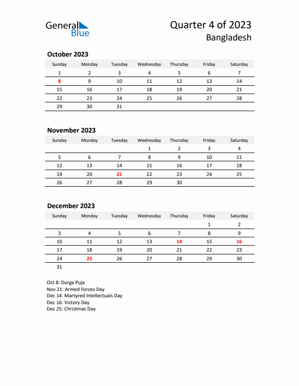 2023 Q4 Three-Month Calendar for Bangladesh