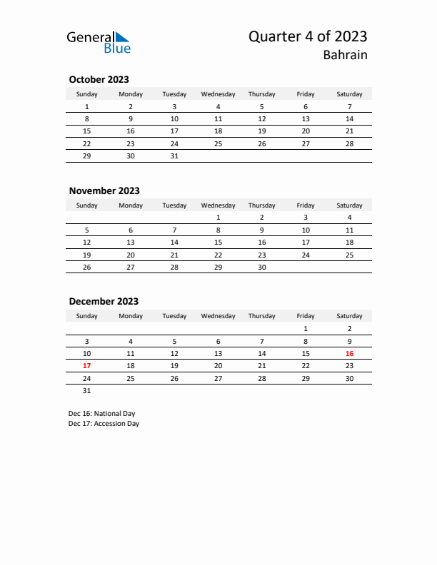 2023 Q4 Three-Month Calendar for Bahrain