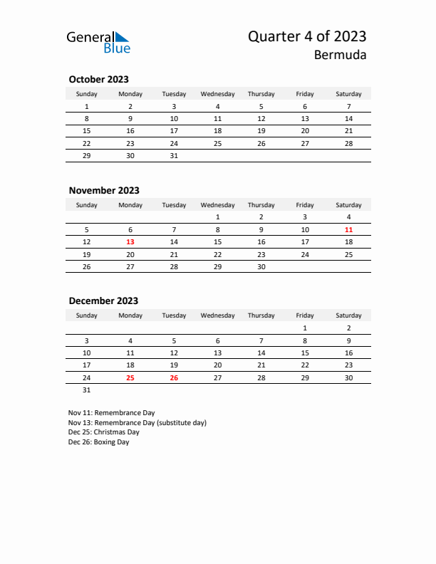 2023 Q4 Three-Month Calendar for Bermuda