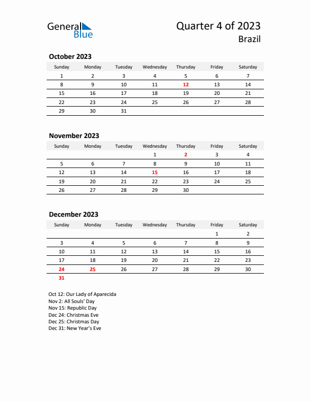 2023 Q4 Three-Month Calendar for Brazil