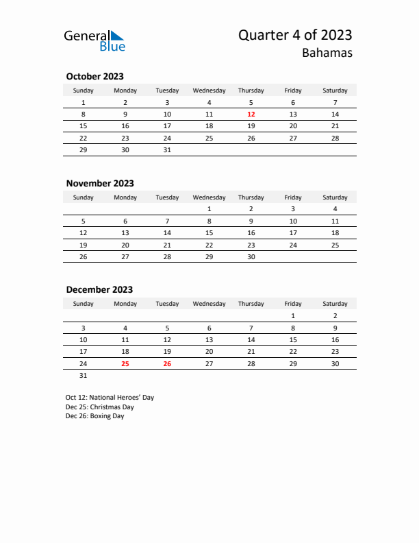 2023 Q4 Three-Month Calendar for Bahamas