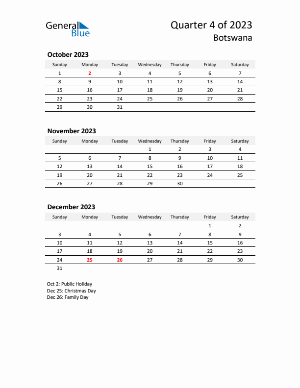 2023 Q4 Three-Month Calendar for Botswana