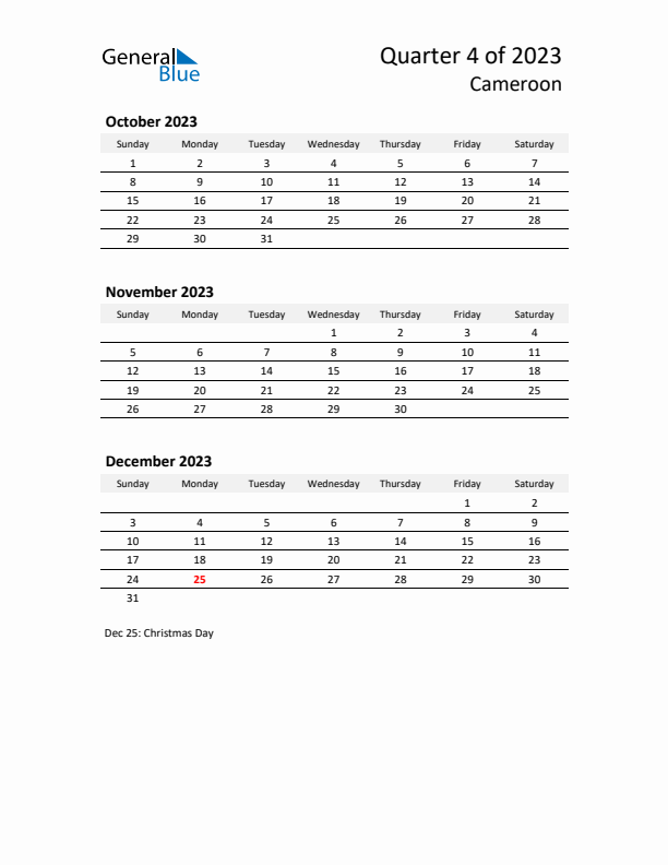 2023 Q4 Three-Month Calendar for Cameroon