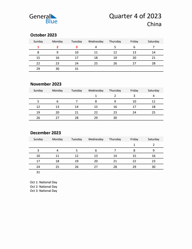 2023 Q4 Three-Month Calendar for China