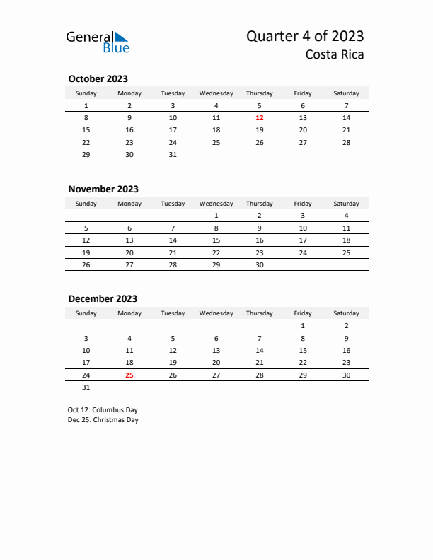 2023 Q4 Three-Month Calendar for Costa Rica