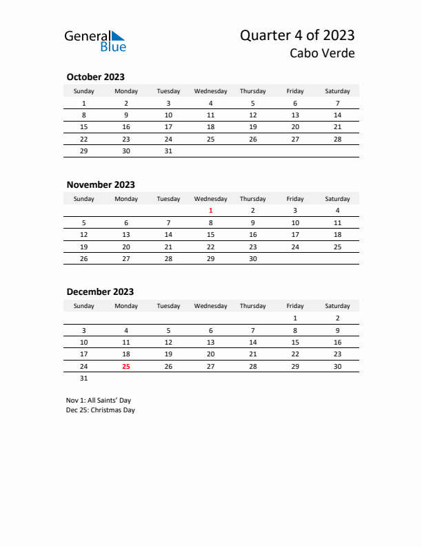 2023 Q4 Three-Month Calendar for Cabo Verde