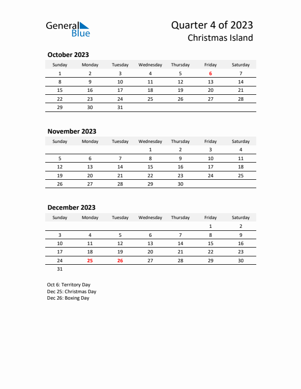 2023 Q4 Three-Month Calendar for Christmas Island