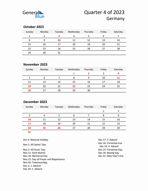 2023 Q4 Three-Month Calendar for Germany