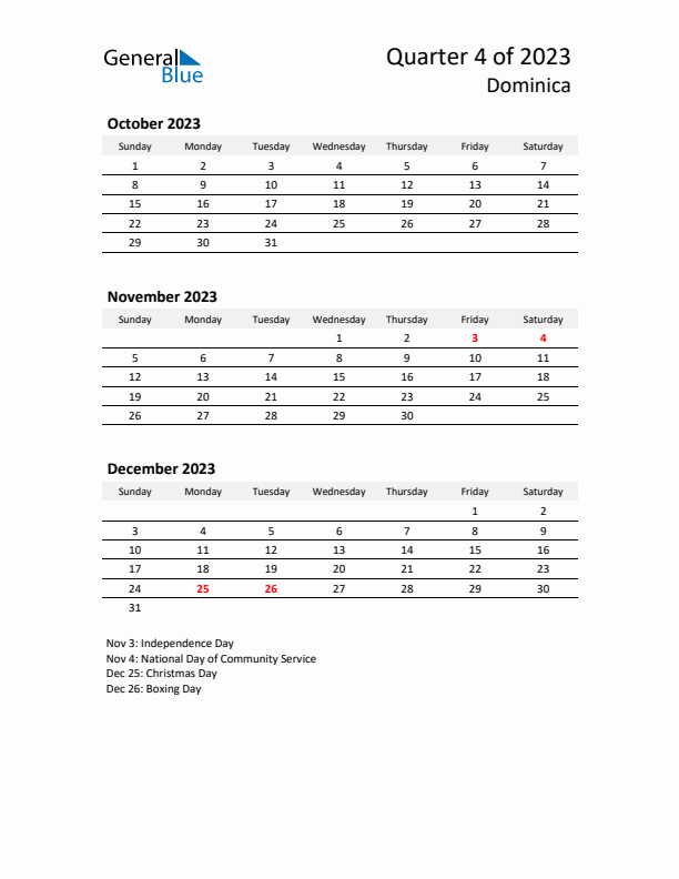 2023 Q4 Three-Month Calendar for Dominica