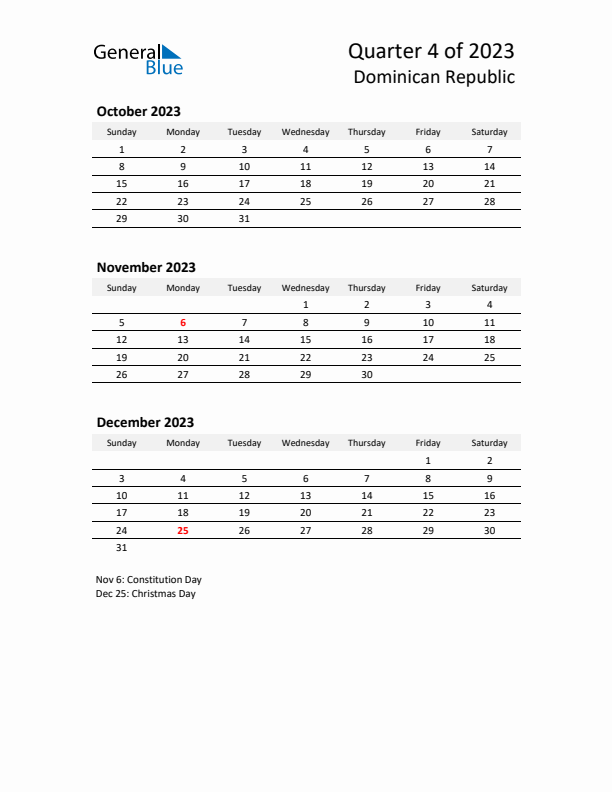 2023 Q4 Three-Month Calendar for Dominican Republic