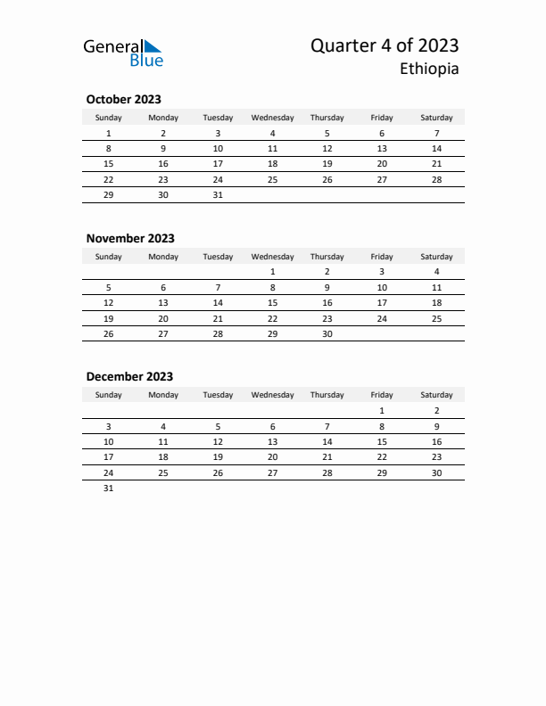 2023 Q4 Three-Month Calendar for Ethiopia