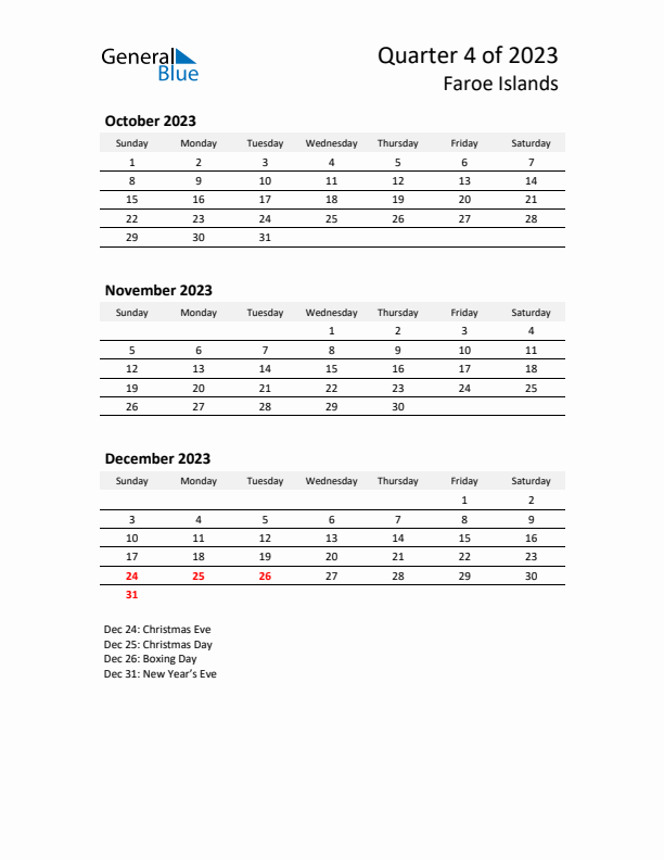 2023 Q4 Three-Month Calendar for Faroe Islands