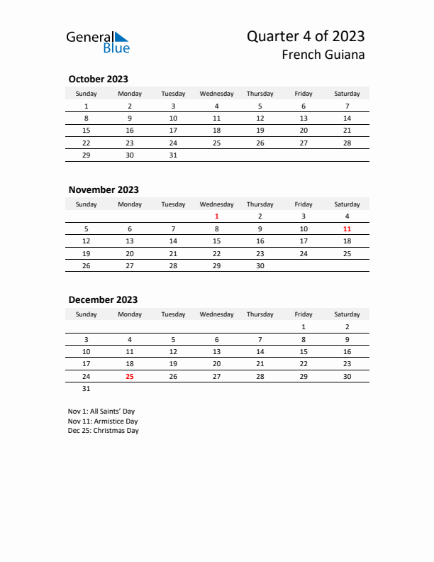 2023 Q4 Three-Month Calendar for French Guiana