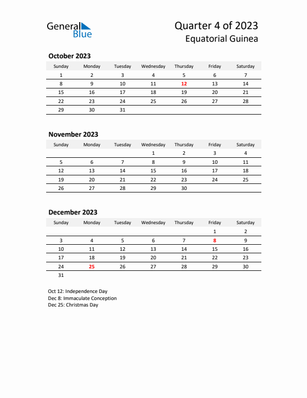 2023 Q4 Three-Month Calendar for Equatorial Guinea