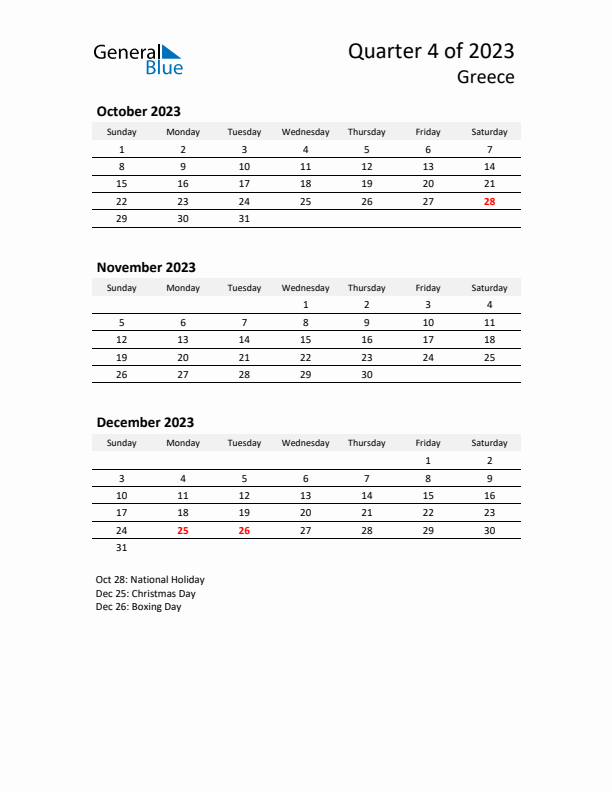 2023 Q4 Three-Month Calendar for Greece