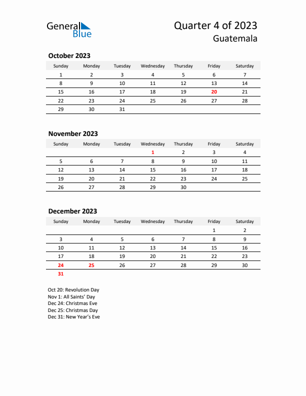 2023 Q4 Three-Month Calendar for Guatemala