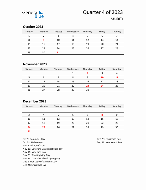 2023 Q4 Three-Month Calendar for Guam