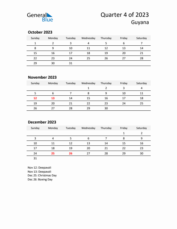 2023 Q4 Three-Month Calendar for Guyana