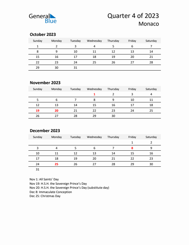 2023 Q4 Three-Month Calendar for Monaco