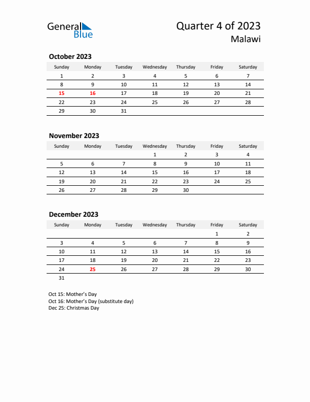 2023 Q4 Three-Month Calendar for Malawi