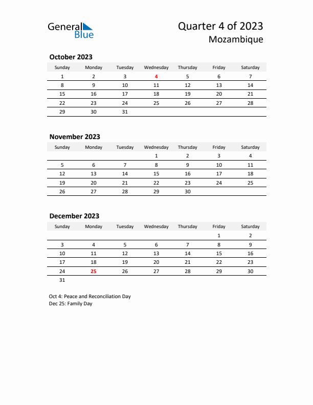 2023 Q4 Three-Month Calendar for Mozambique