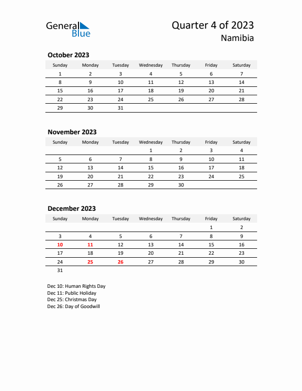 2023 Q4 Three-Month Calendar for Namibia