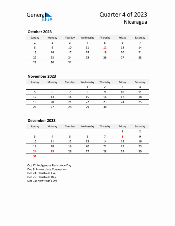 2023 Q4 Three-Month Calendar for Nicaragua