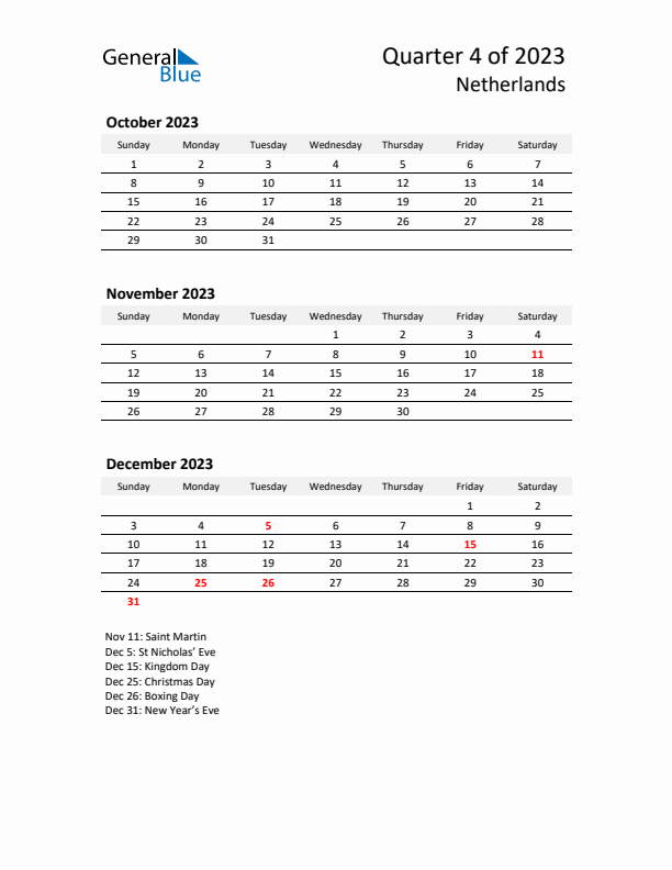 2023 Q4 Three-Month Calendar for The Netherlands