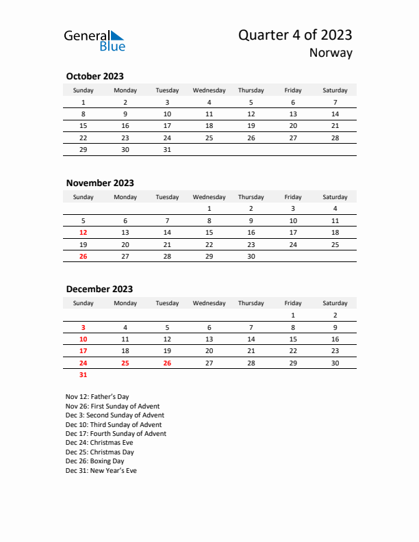 2023 Q4 Three-Month Calendar for Norway