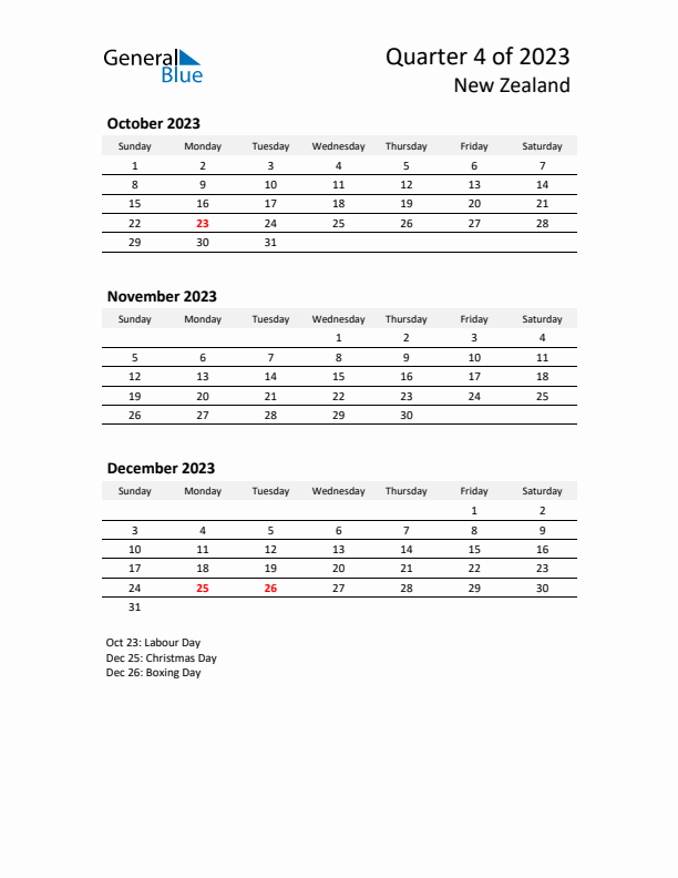 2023 Q4 Three-Month Calendar for New Zealand