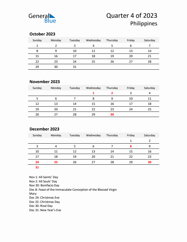 2023 Q4 Three-Month Calendar for Philippines